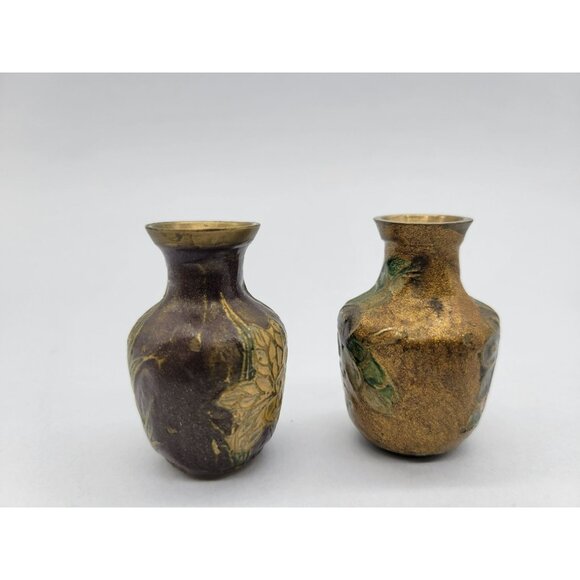 Pair Brass Enamel Floral Cloisonne Vases Miniature 2 inches - Picture 6 of 12